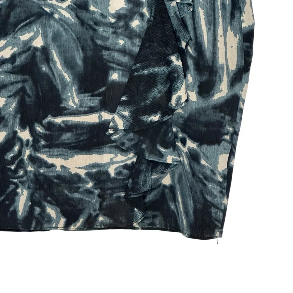 Ann Taylor Size 10 Green/Black/Cream Silk/Spandex Faux Wrap Lined Skirt w Ruffle